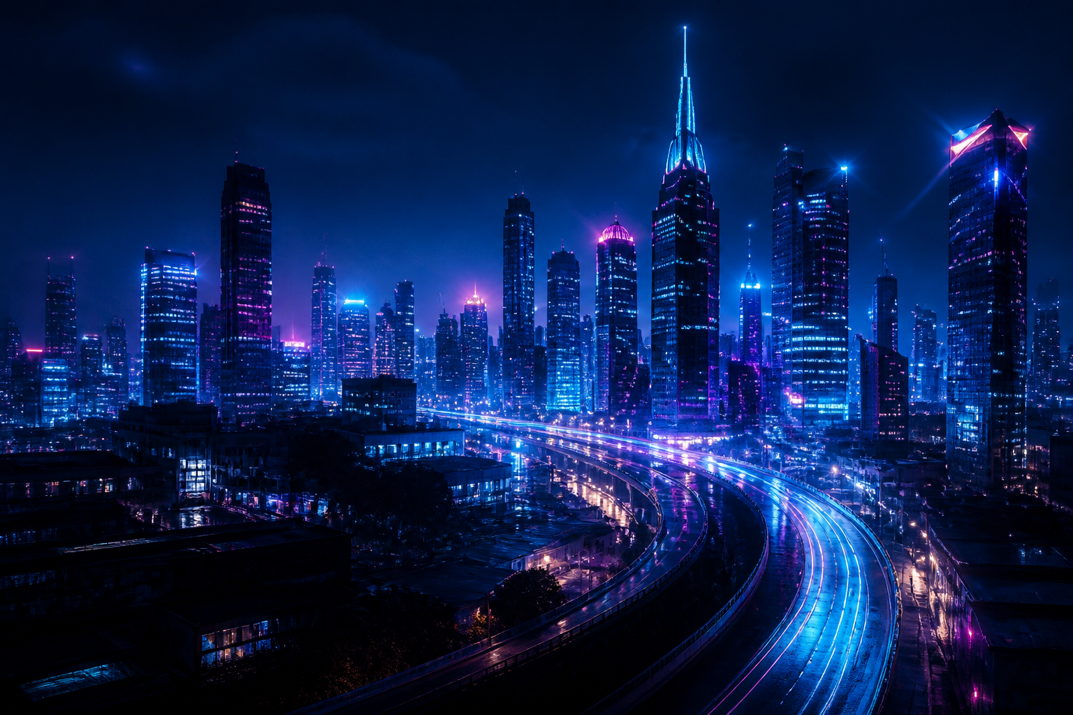 Futuristic city skyline at night